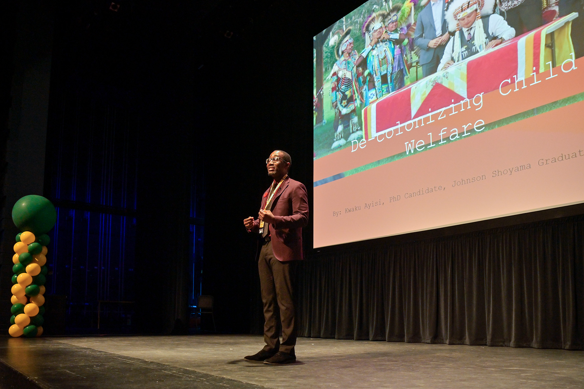 Kwaku Ayisi presented De-colonizing child welfare: A study of the Cowessess First Nation Miyo Pimatisowin Act. (Photo by University Communications)